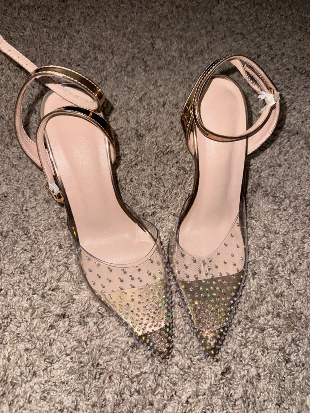 Women's Blush Pink Ankle-Strap Pointed Toe Heels with Rhinestones